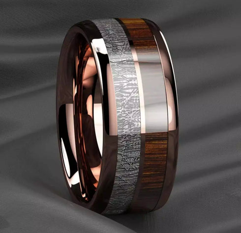 Men 8mm Tungsten Rose Gold Plated Silver Koa Wood Inlay Engagement Wedding Band